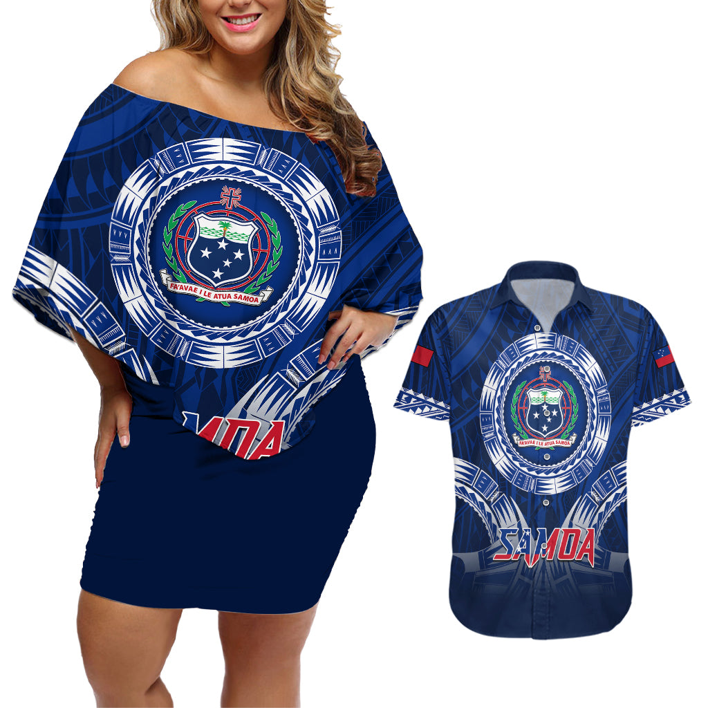 Samoa Rugby Couples Matching Off Shoulder Short Dress and Hawaiian Shirt World Cup 2023 Coat Of Arms With Polynesian Pattern LT05 Blue - Polynesian Pride