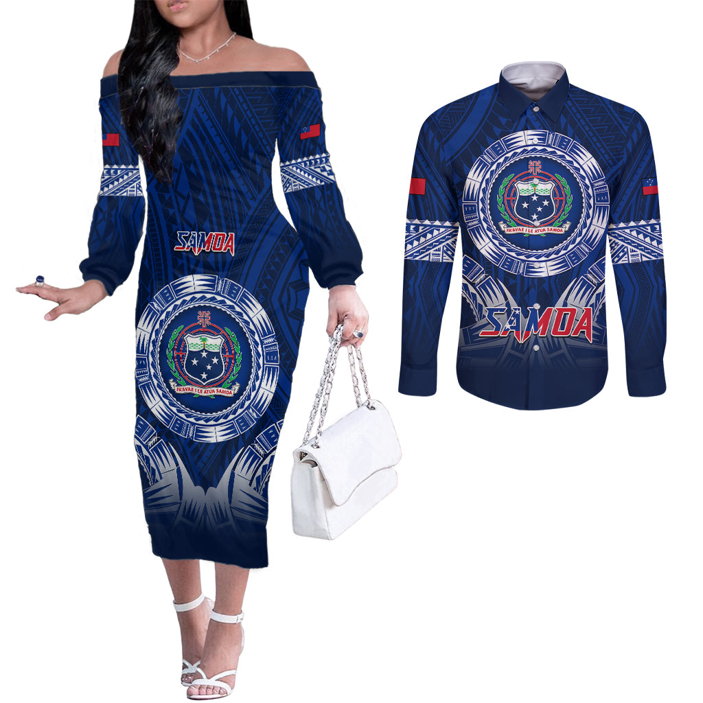 Samoa Rugby Couples Matching Off The Shoulder Long Sleeve Dress and Long Sleeve Button Shirts World Cup 2023 Coat Of Arms With Polynesian Pattern LT05 Blue - Polynesian Pride