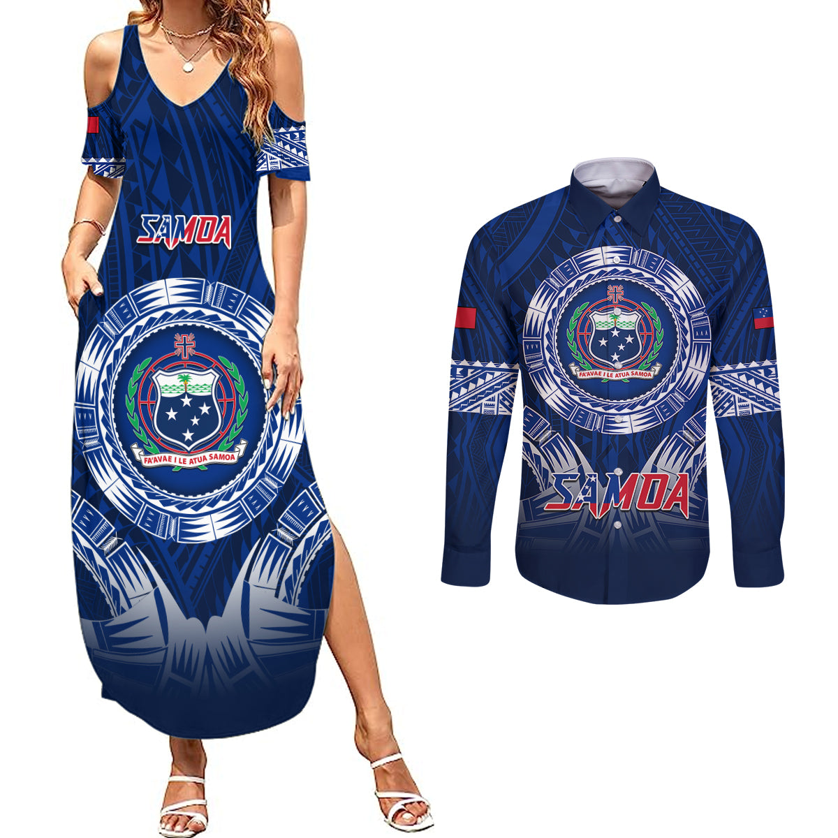 Samoa Rugby Couples Matching Summer Maxi Dress and Long Sleeve Button Shirts World Cup 2023 Coat Of Arms With Polynesian Pattern LT05 Blue - Polynesian Pride