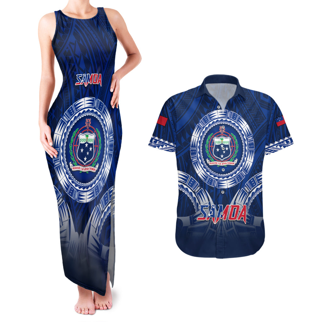 Samoa Rugby Couples Matching Tank Maxi Dress and Hawaiian Shirt World Cup 2023 Coat Of Arms With Polynesian Pattern LT05 Blue - Polynesian Pride