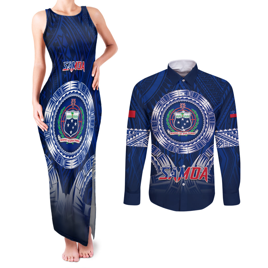 Samoa Rugby Couples Matching Tank Maxi Dress and Long Sleeve Button Shirts World Cup 2023 Coat Of Arms With Polynesian Pattern LT05 Blue - Polynesian Pride