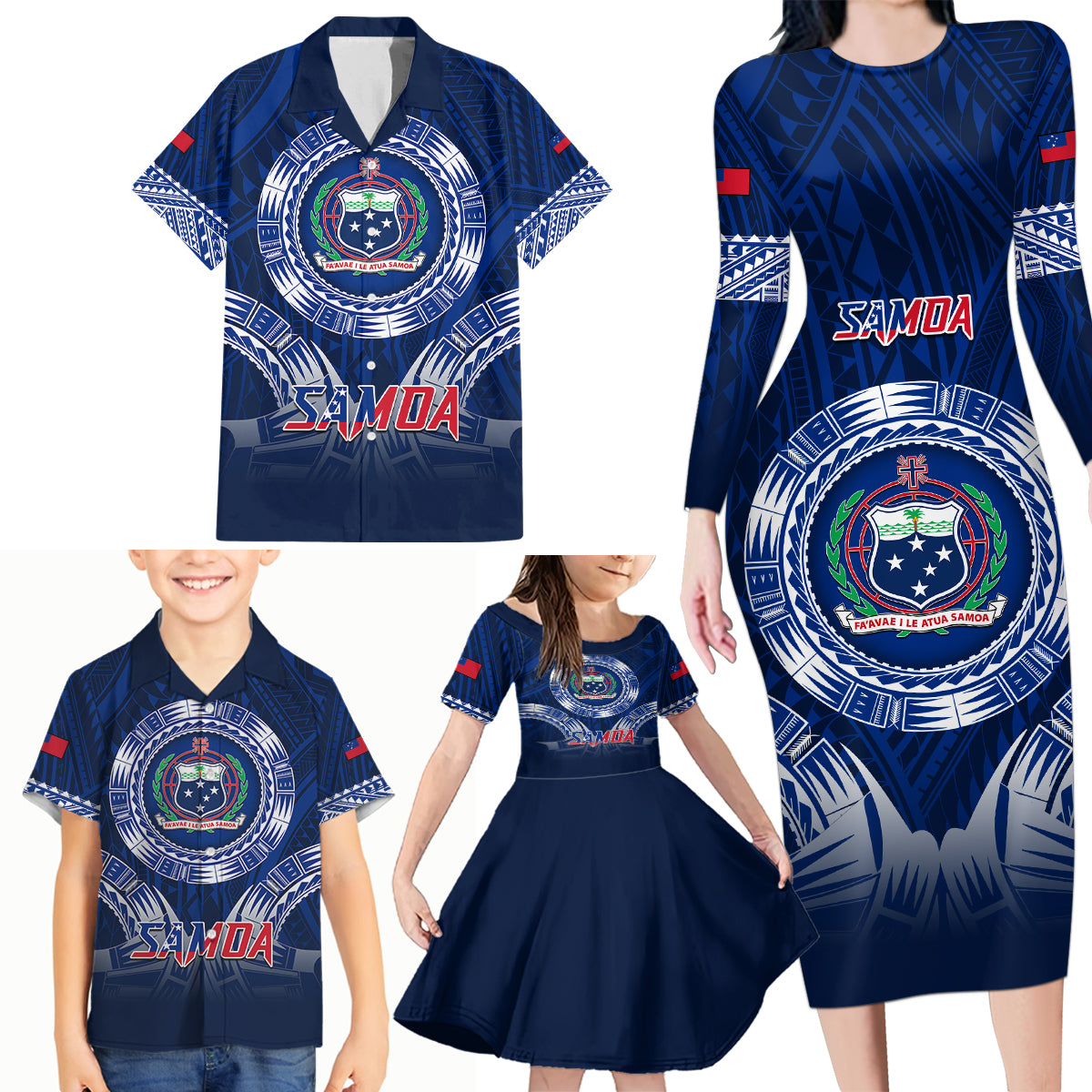 Samoa Rugby Family Matching Long Sleeve Bodycon Dress and Hawaiian Shirt World Cup 2023 Coat Of Arms With Polynesian Pattern LT05 - Polynesian Pride