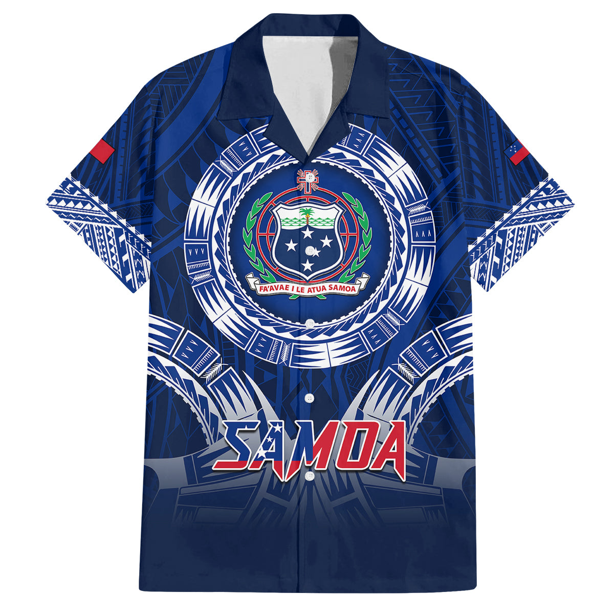 Samoa Rugby Family Matching Mermaid Dress and Hawaiian Shirt World Cup 2023 Coat Of Arms With Polynesian Pattern LT05 Dad's Shirt - Short Sleeve Blue - Polynesian Pride