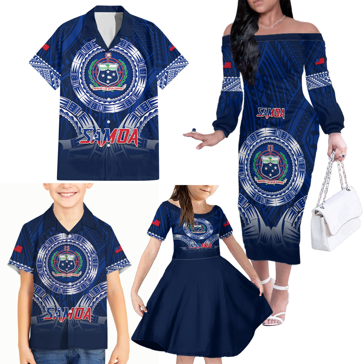 Samoa Rugby Family Matching Off Shoulder Long Sleeve Dress and Hawaiian Shirt World Cup 2023 Coat Of Arms With Polynesian Pattern LT05 - Polynesian Pride