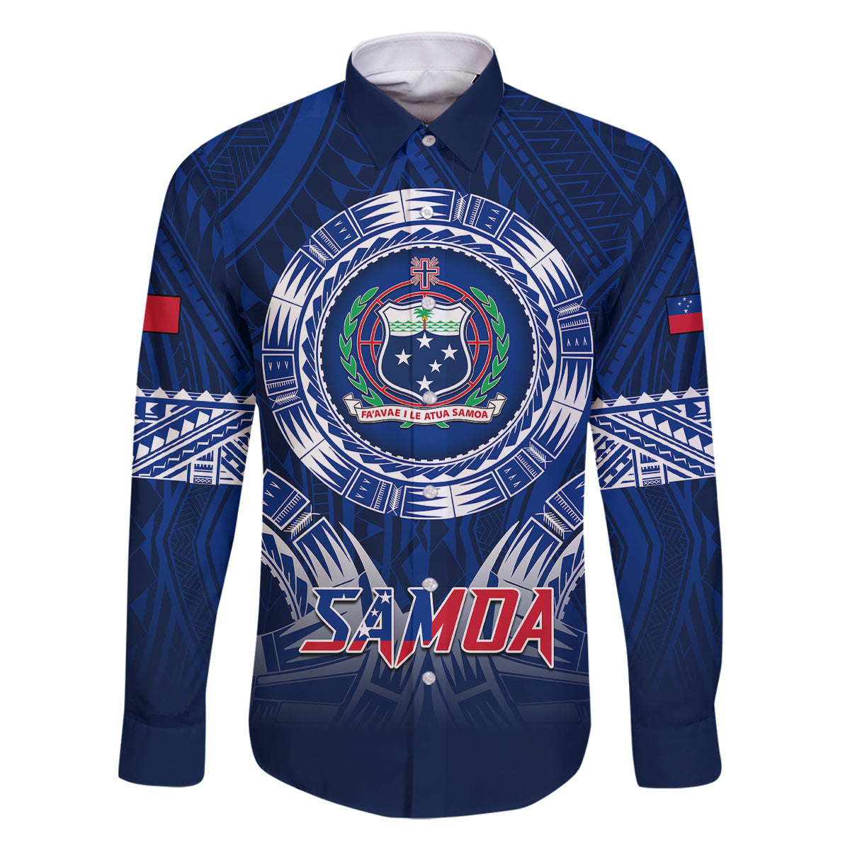 Samoa Rugby Family Matching Off Shoulder Long Sleeve Dress and Hawaiian Shirt World Cup 2023 Coat Of Arms With Polynesian Pattern LT05 Dad's Shirt - Long Sleeve Blue - Polynesian Pride