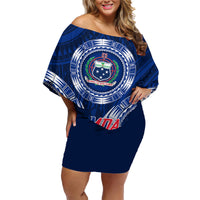 Samoa Rugby Family Matching Off Shoulder Short Dress and Hawaiian Shirt World Cup 2023 Coat Of Arms With Polynesian Pattern LT05 Mom's Dress Blue - Polynesian Pride