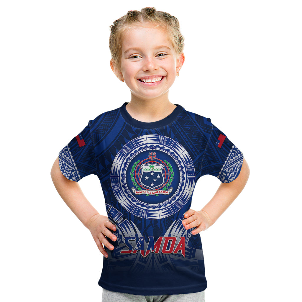 Samoa Rugby Kid T Shirt World Cup 2023 Coat Of Arms With Polynesian Pattern LT05 Blue - Polynesian Pride