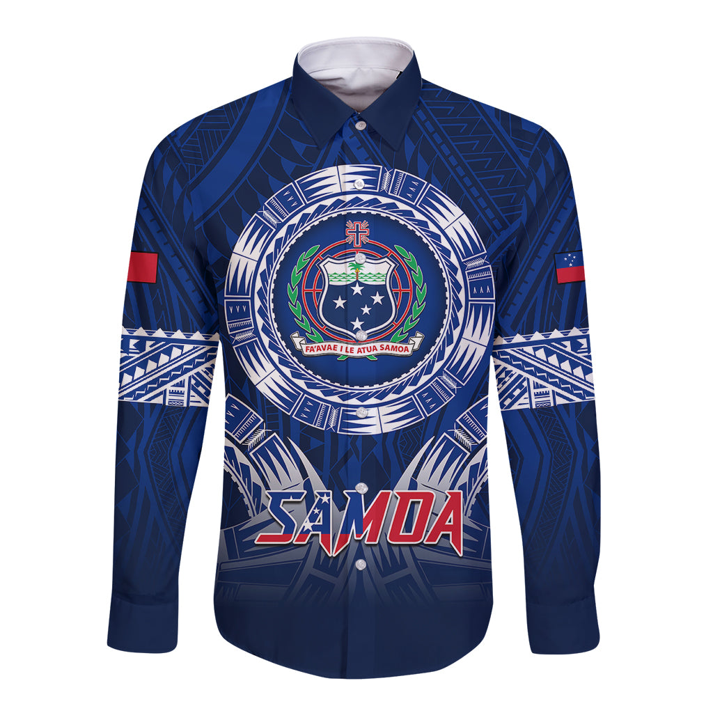 Samoa Rugby Long Sleeve Button Shirt World Cup 2023 Coat Of Arms With Polynesian Pattern LT05 Unisex Blue - Polynesian Pride