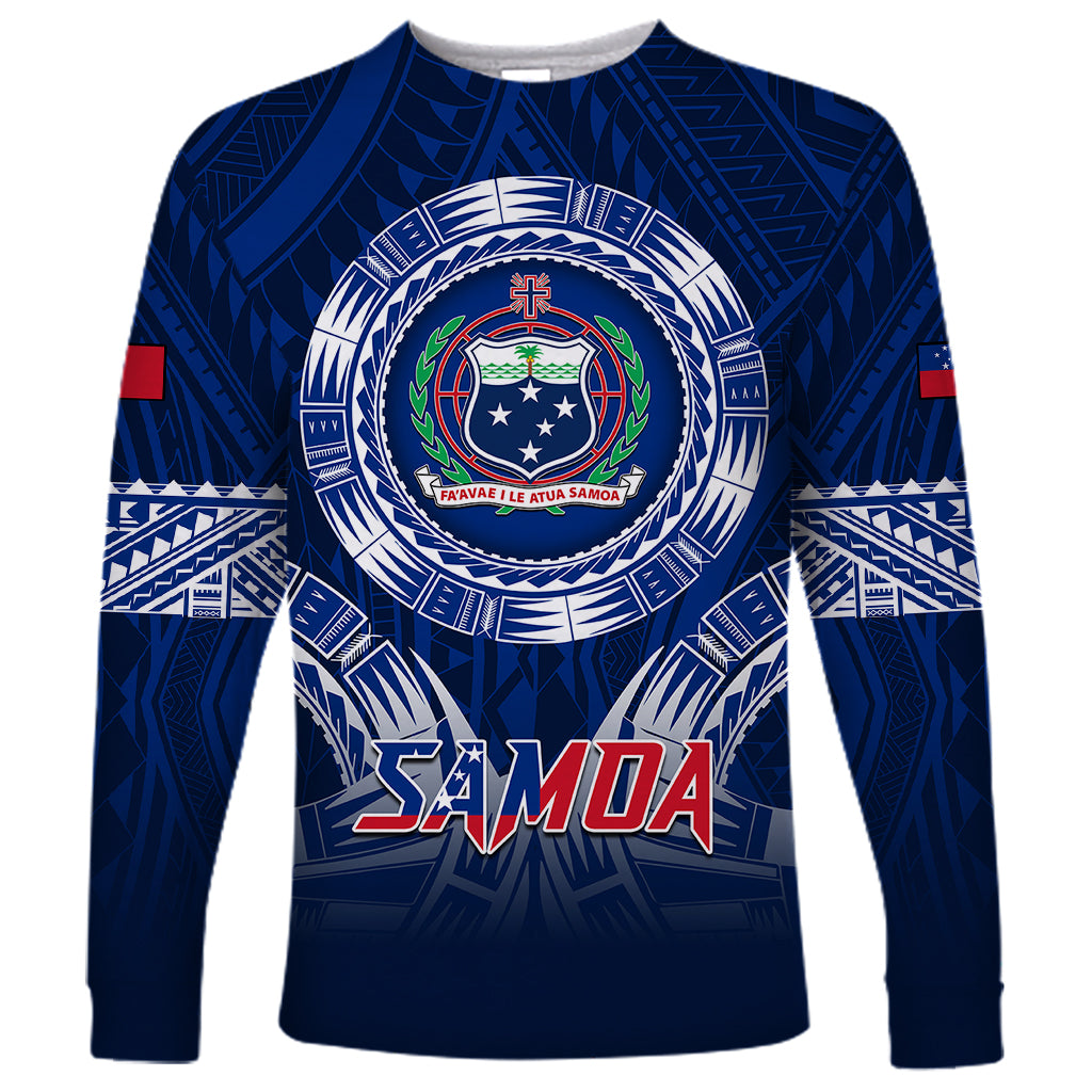 Samoa Rugby Long Sleeve Shirt World Cup 2023 Coat Of Arms With Polynesian Pattern LT05 Unisex Blue - Polynesian Pride