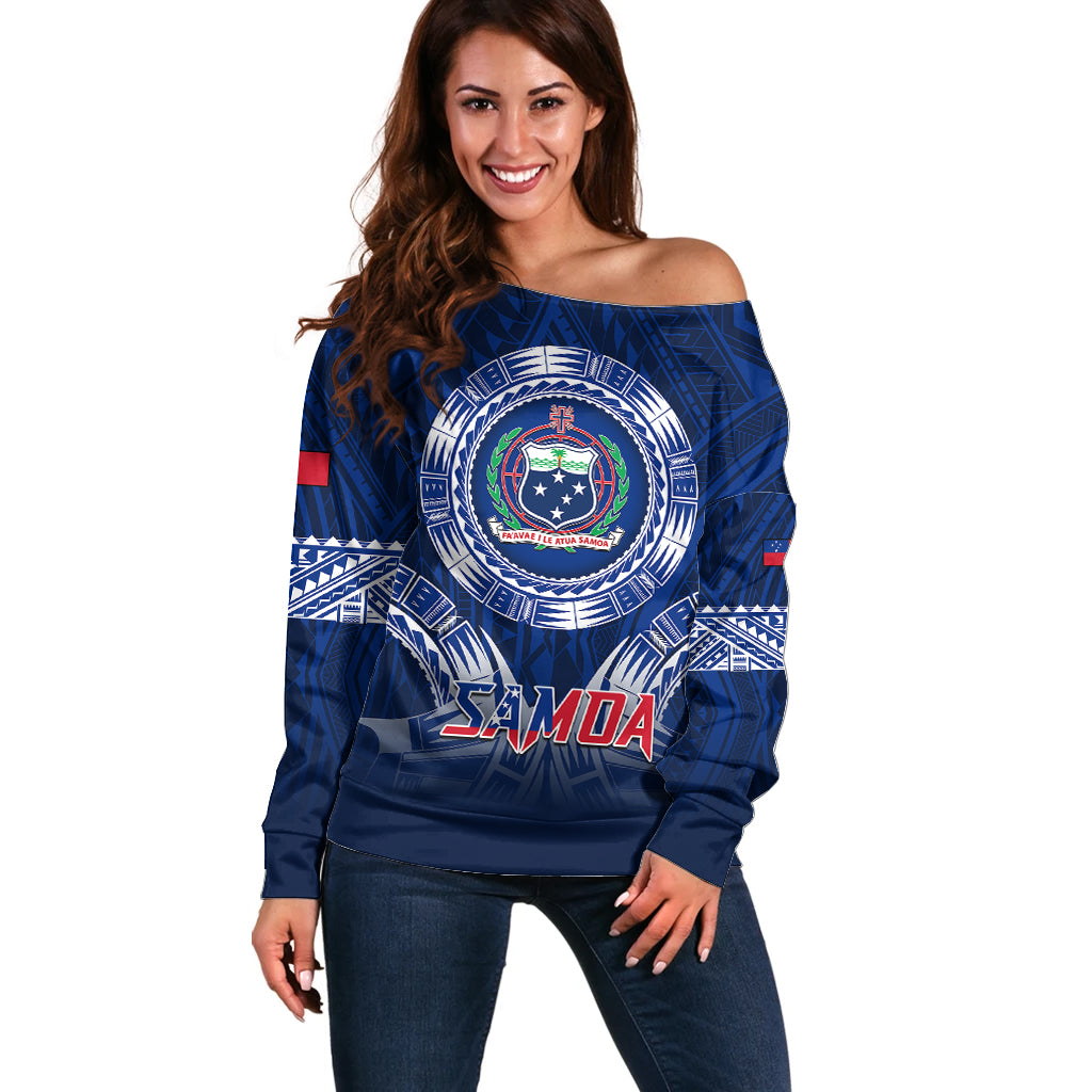 Samoa Rugby Off Shoulder Sweater World Cup 2023 Coat Of Arms With Polynesian Pattern LT05 Women Blue - Polynesian Pride