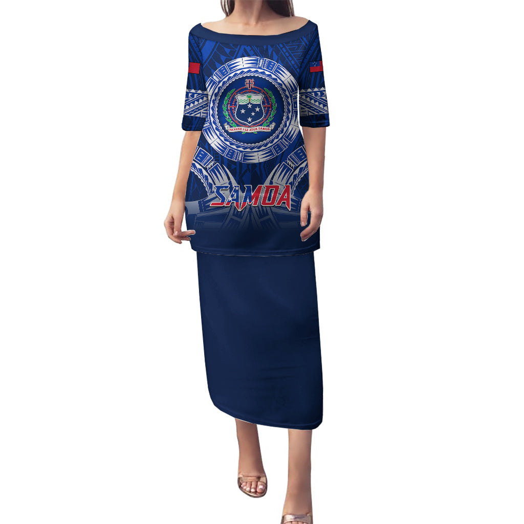 Samoa Rugby Puletasi World Cup 2023 Coat Of Arms With Polynesian Pattern LT05 Long Dress Blue - Polynesian Pride