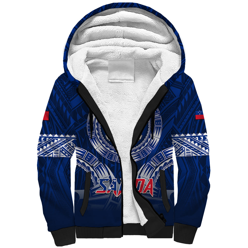 Samoa Rugby Sherpa Hoodie World Cup 2023 Coat Of Arms With Polynesian Pattern LT05 Unisex Blue - Polynesian Pride