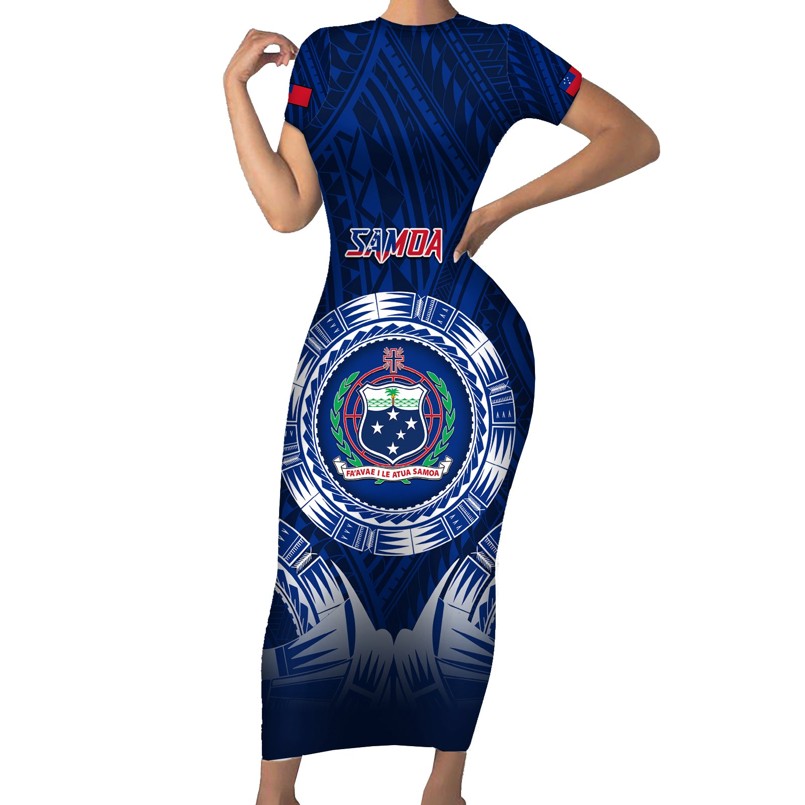 Samoa Rugby Short Sleeve Bodycon Dress World Cup 2023 Coat Of Arms With Polynesian Pattern LT05 Long Dress Blue - Polynesian Pride