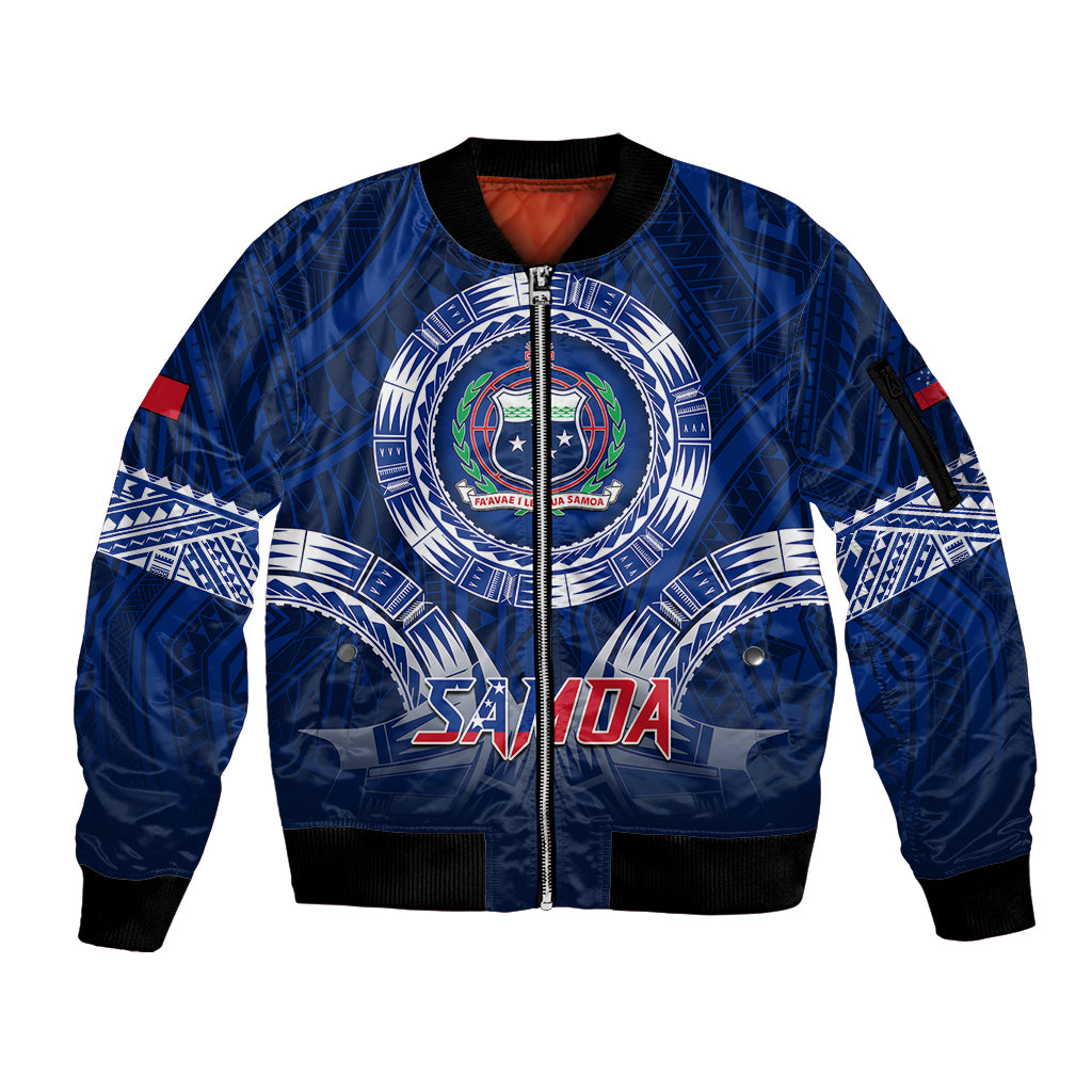 Samoa Rugby Sleeve Zip Bomber Jacket World Cup 2023 Coat Of Arms With Polynesian Pattern LT05 Unisex Blue - Polynesian Pride