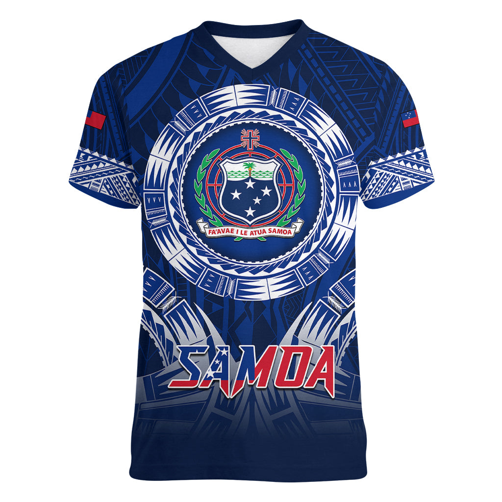 Samoa Rugby Women V Neck T Shirt World Cup 2023 Coat Of Arms With Polynesian Pattern LT05 Female Blue - Polynesian Pride