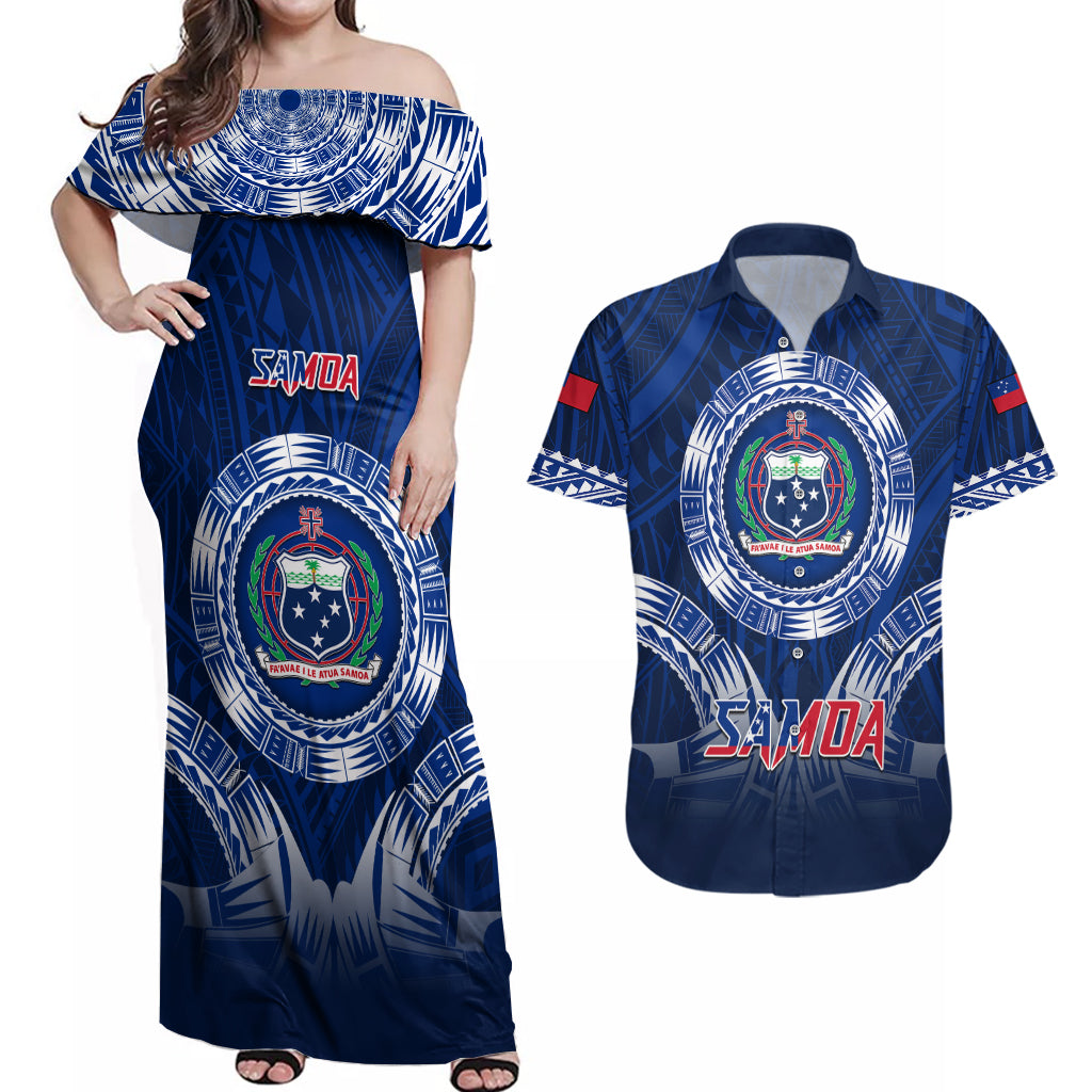 Custom Samoa Rugby Couples Matching Off Shoulder Maxi Dress and Hawaiian Shirt World Cup 2023 Coat Of Arms With Polynesian Pattern LT05 Blue - Polynesian Pride