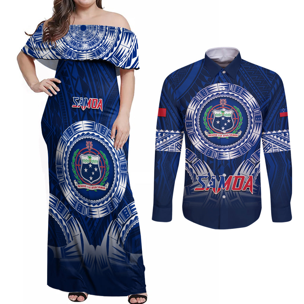 Custom Samoa Rugby Couples Matching Off Shoulder Maxi Dress and Long Sleeve Button Shirts World Cup 2023 Coat Of Arms With Polynesian Pattern LT05 Blue - Polynesian Pride