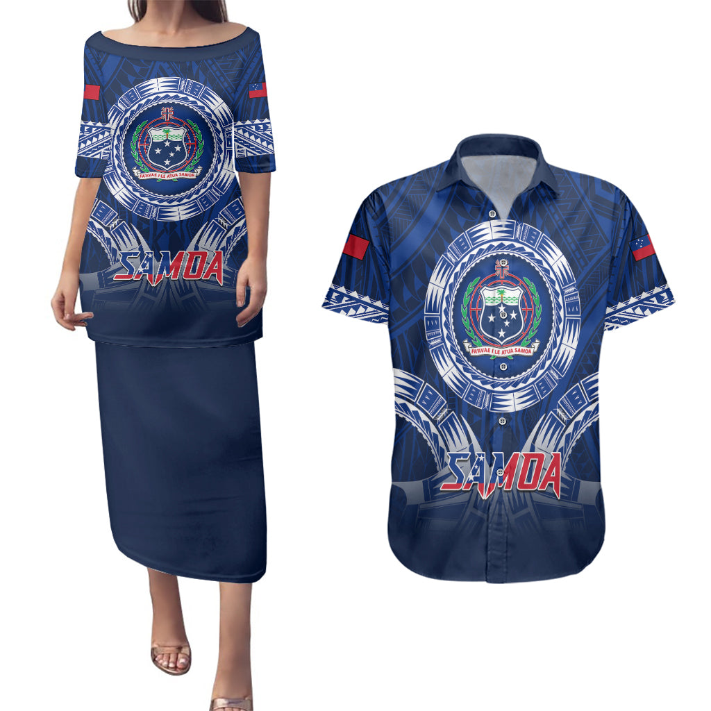 Custom Samoa Rugby Couples Matching Puletasi Dress and Hawaiian Shirt World Cup 2023 Coat Of Arms With Polynesian Pattern LT05 Blue - Polynesian Pride