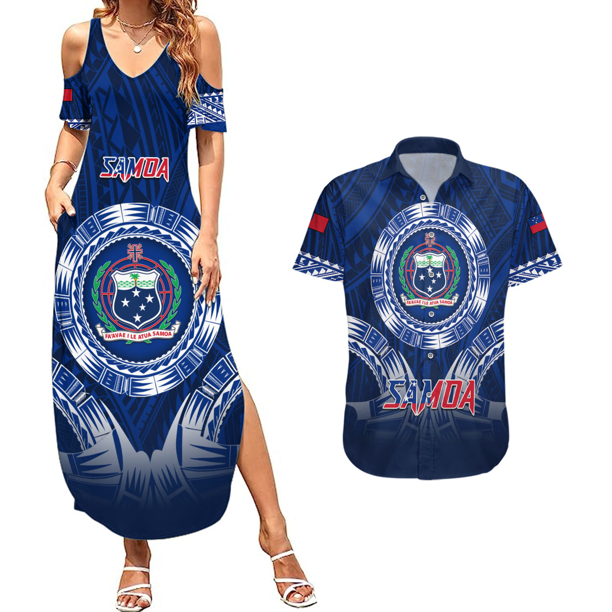 Custom Samoa Rugby Couples Matching Summer Maxi Dress and Hawaiian Shirt World Cup 2023 Coat Of Arms With Polynesian Pattern LT05 Blue - Polynesian Pride