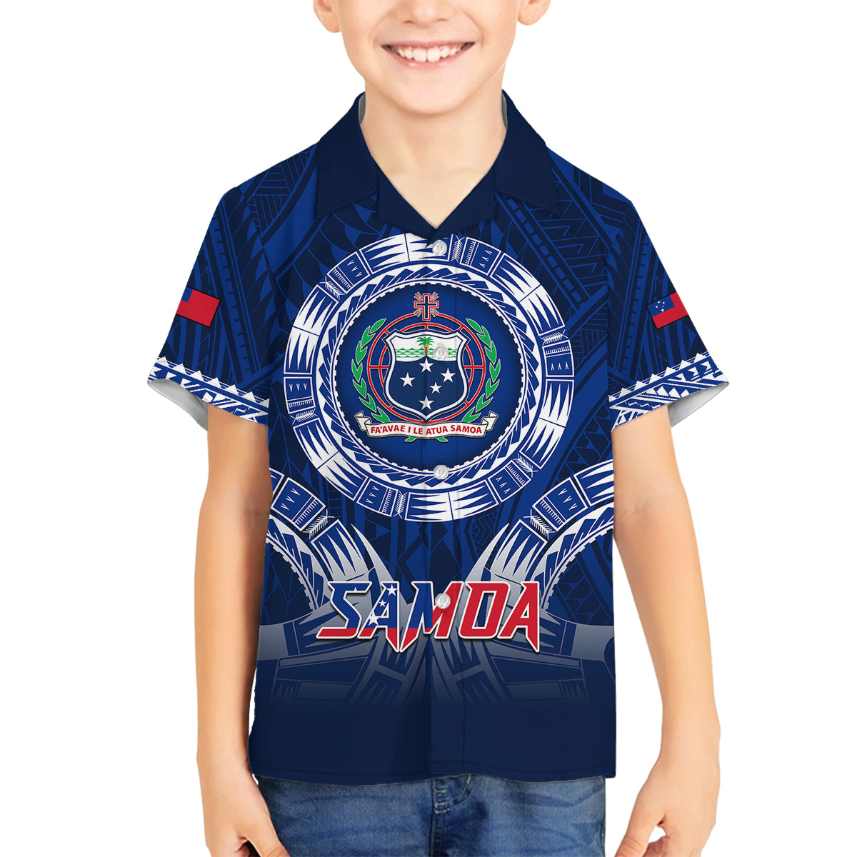 Custom Samoa Rugby Family Matching Mermaid Dress and Hawaiian Shirt World Cup 2023 Coat Of Arms With Polynesian Pattern LT05 Son's Shirt Blue - Polynesian Pride
