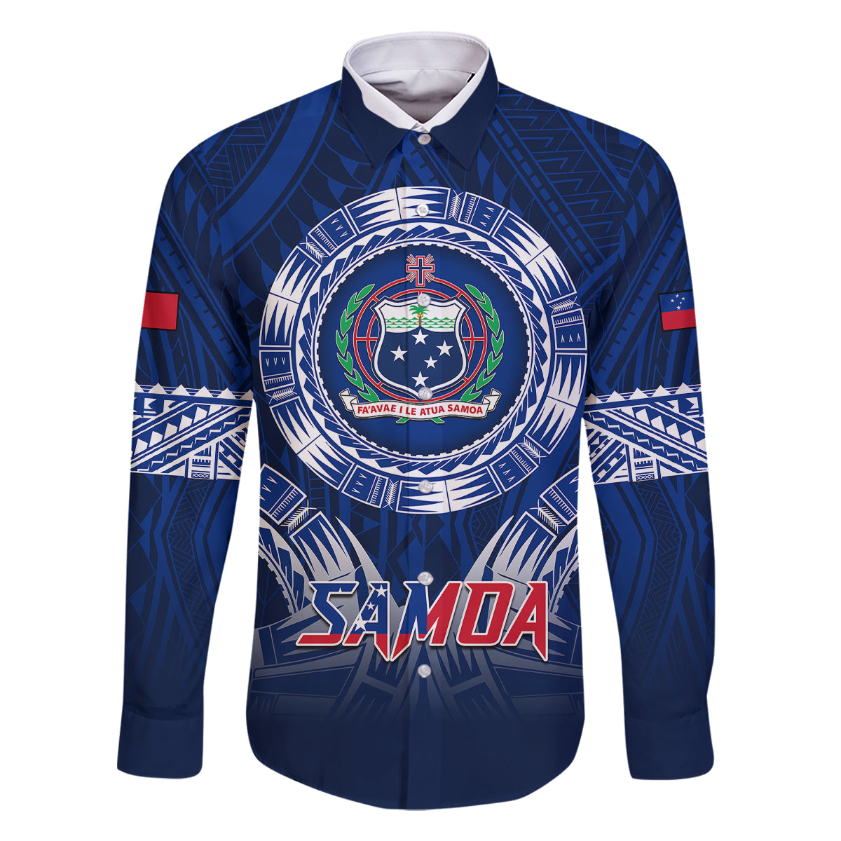 Custom Samoa Rugby Family Matching Off Shoulder Short Dress and Hawaiian Shirt World Cup 2023 Coat Of Arms With Polynesian Pattern LT05 Dad's Shirt - Long Sleeve Blue - Polynesian Pride