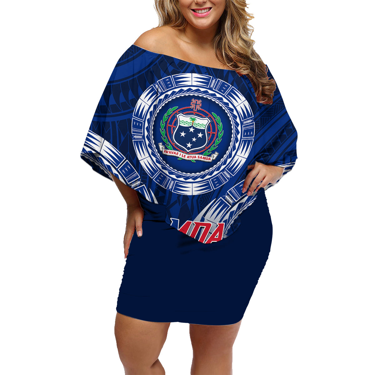 Custom Samoa Rugby Family Matching Off Shoulder Short Dress and Hawaiian Shirt World Cup 2023 Coat Of Arms With Polynesian Pattern LT05 Mom's Dress Blue - Polynesian Pride
