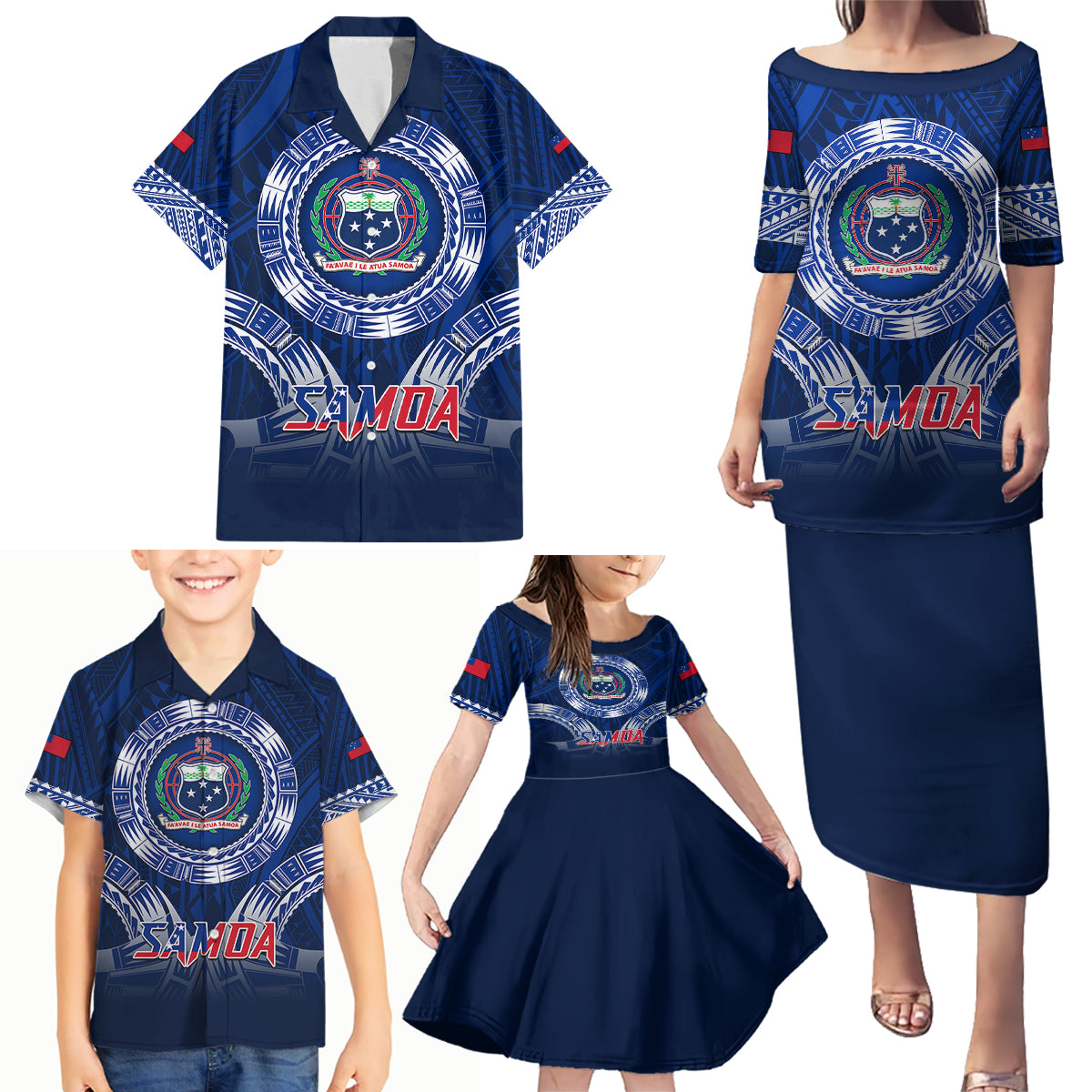 Custom Samoa Rugby Family Matching Puletasi Dress and Hawaiian Shirt World Cup 2023 Coat Of Arms With Polynesian Pattern LT05 - Polynesian Pride