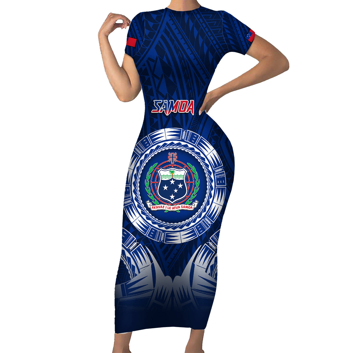 Custom Samoa Rugby Family Matching Short Sleeve Bodycon Dress and Hawaiian Shirt World Cup 2023 Coat Of Arms With Polynesian Pattern LT05 Mom's Dress Blue - Polynesian Pride