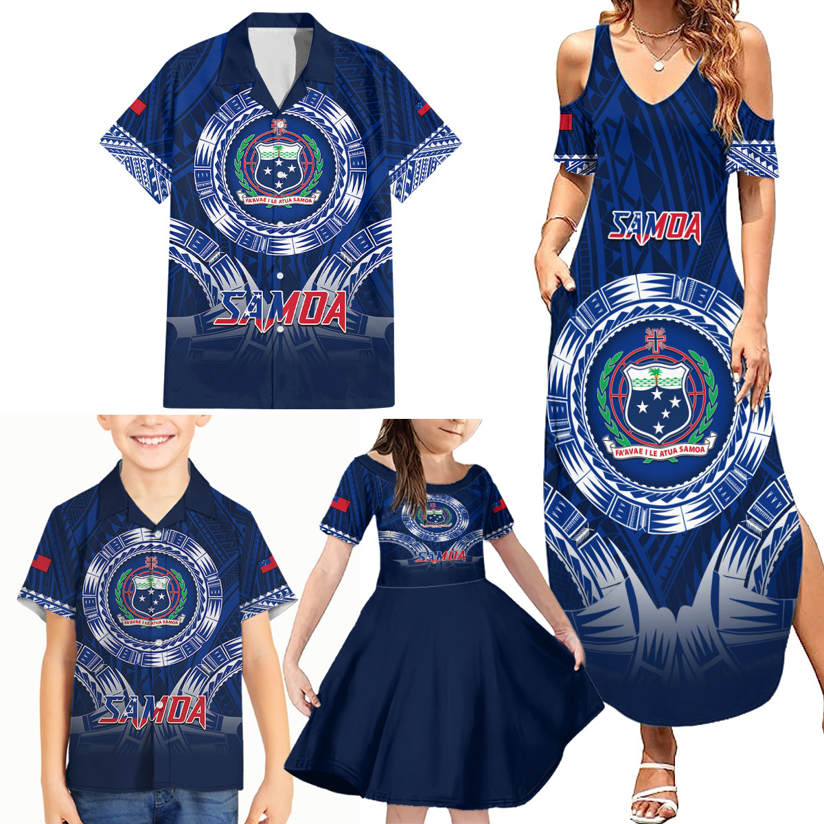 Custom Samoa Rugby Family Matching Summer Maxi Dress and Hawaiian Shirt World Cup 2023 Coat Of Arms With Polynesian Pattern LT05 - Polynesian Pride