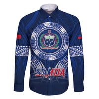 Custom Samoa Rugby Family Matching Summer Maxi Dress and Hawaiian Shirt World Cup 2023 Coat Of Arms With Polynesian Pattern LT05 Dad's Shirt - Long Sleeve Blue - Polynesian Pride