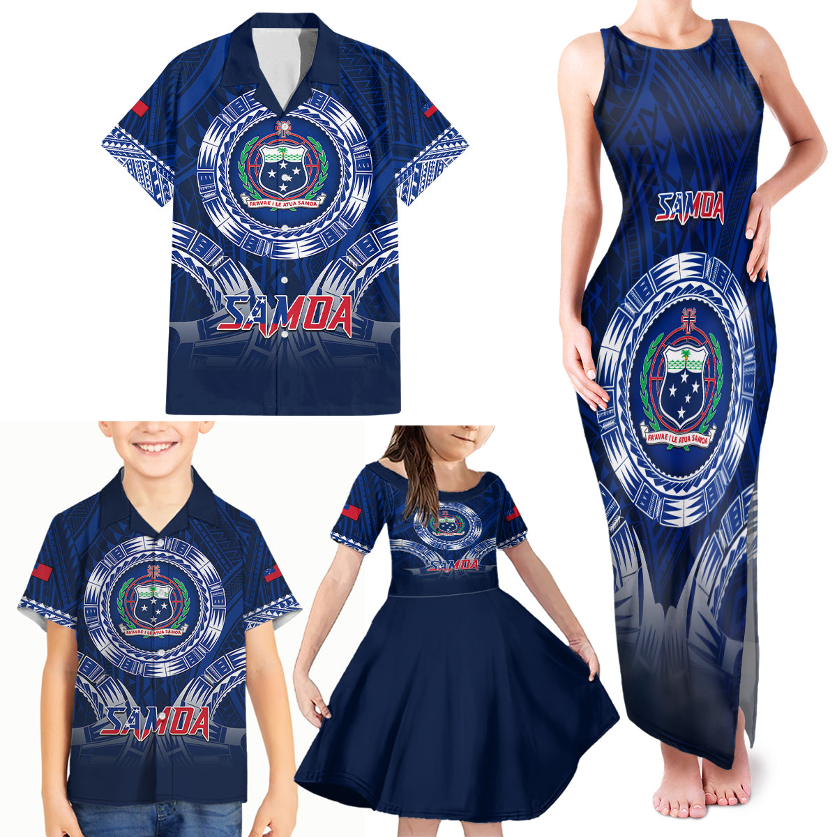 Custom Samoa Rugby Family Matching Tank Maxi Dress and Hawaiian Shirt World Cup 2023 Coat Of Arms With Polynesian Pattern LT05 - Polynesian Pride