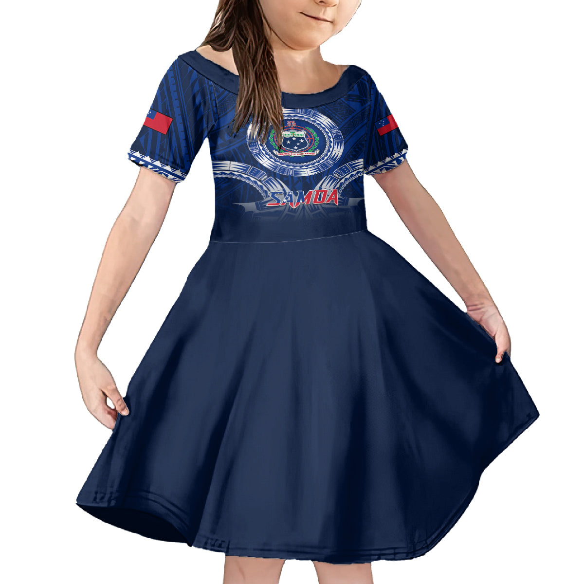 Custom Samoa Rugby Kid Short Sleeve Dress World Cup 2023 Coat Of Arms With Polynesian Pattern LT05 KID Blue - Polynesian Pride