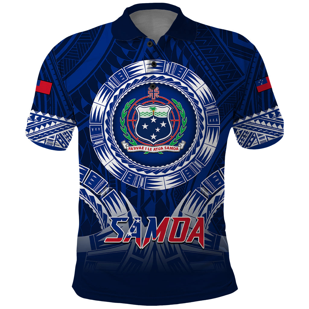 Custom Samoa Rugby Polo Shirt World Cup 2023 Coat Of Arms With Polynesian Pattern LT05 Blue - Polynesian Pride