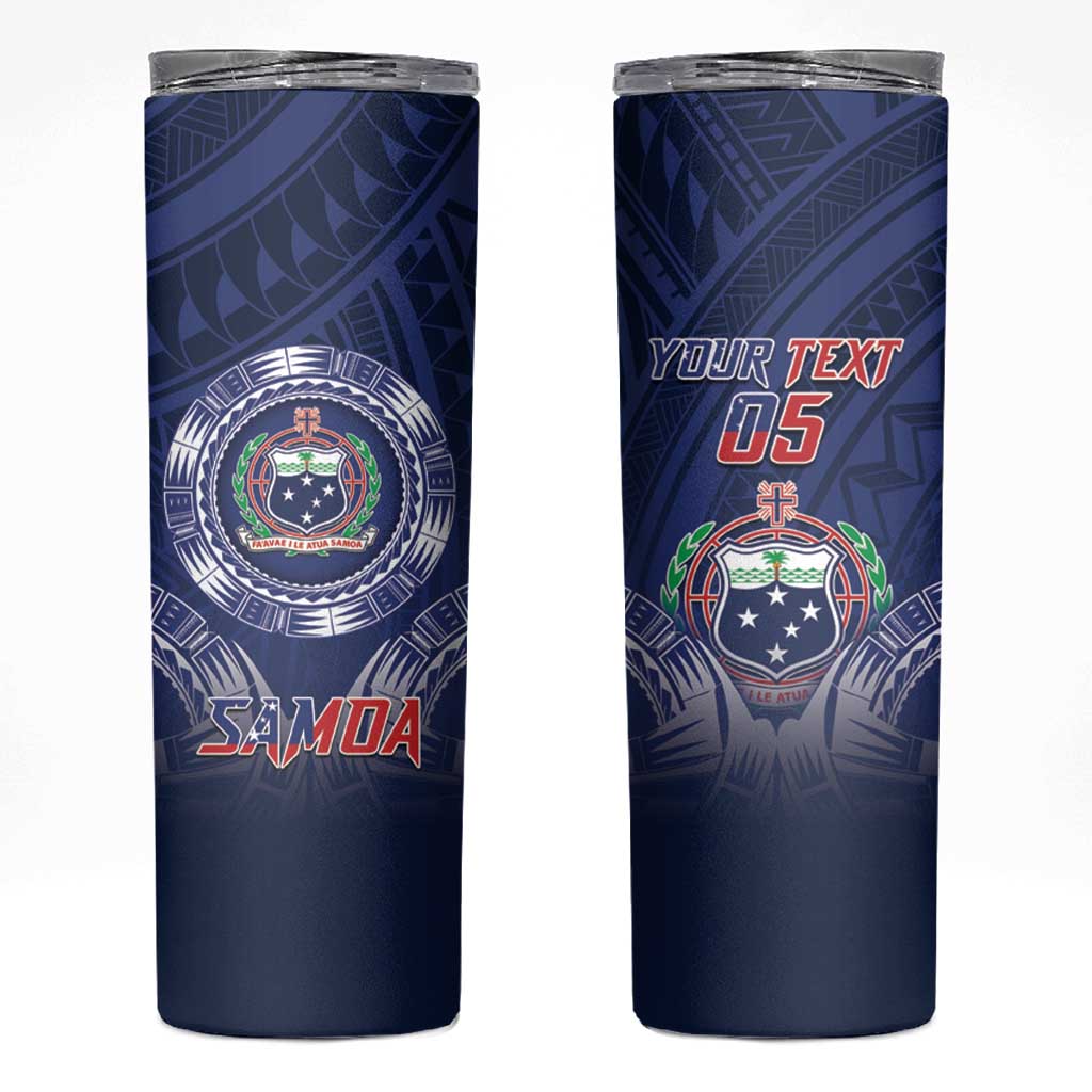 Custom Samoa Rugby Skinny Tumbler Coat Of Arms With Polynesian Pattern