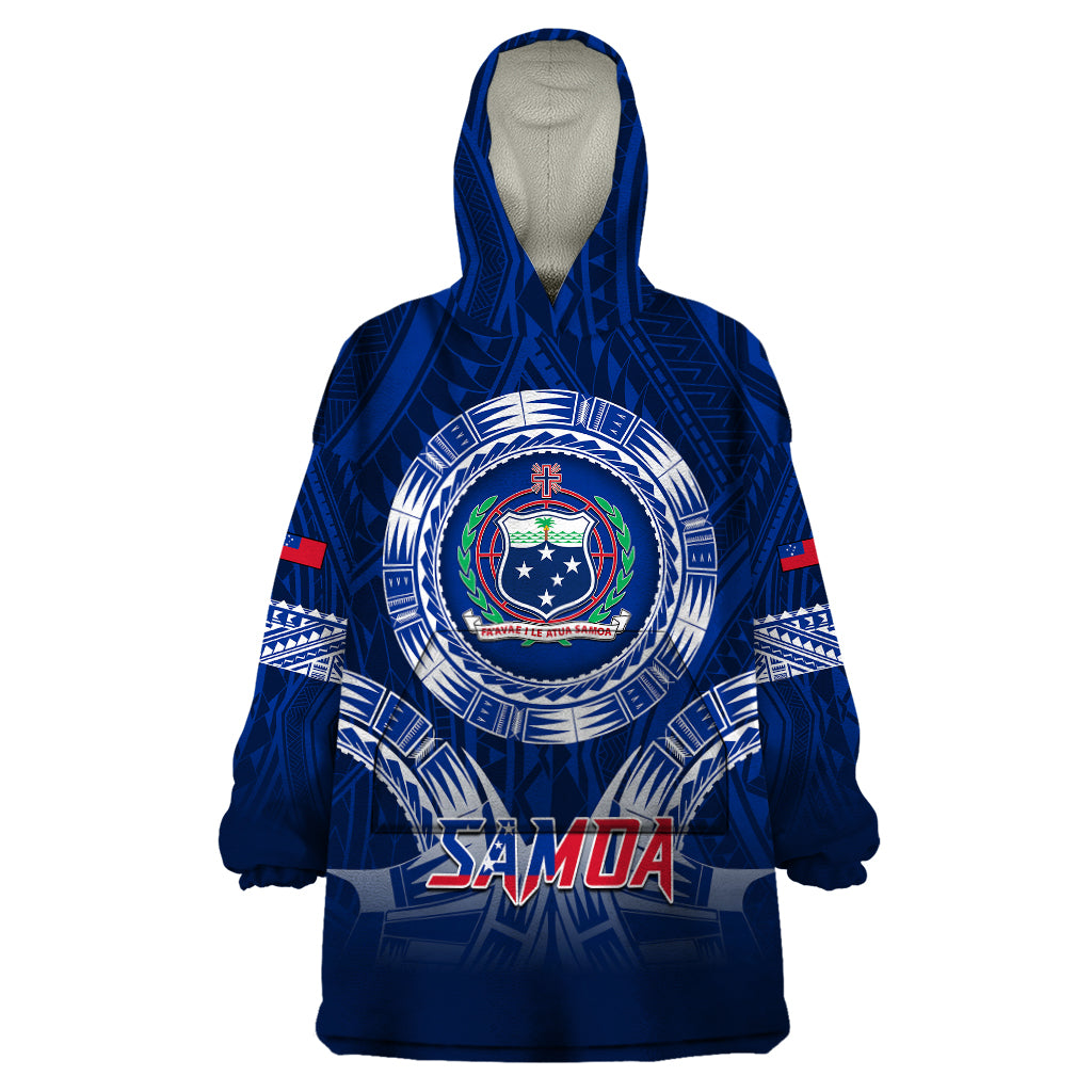 Custom Samoa Rugby Wearable Blanket Hoodie World Cup 2023 Coat Of Arms With Polynesian Pattern LT05 One Size Blue - Polynesian Pride