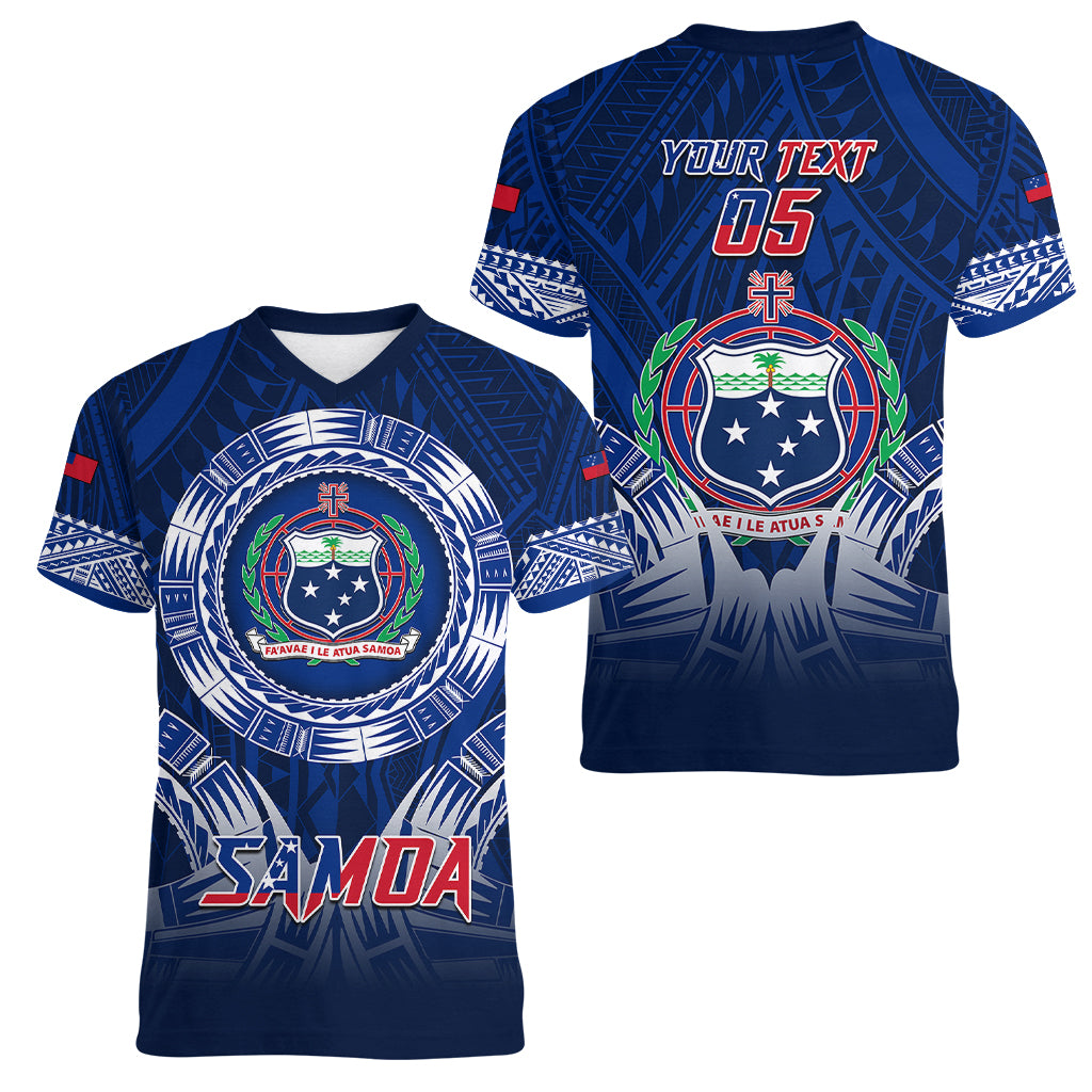 Custom Samoa Rugby Women V Neck T Shirt World Cup 2023 Coat Of Arms With Polynesian Pattern LT05 - Polynesian Pride
