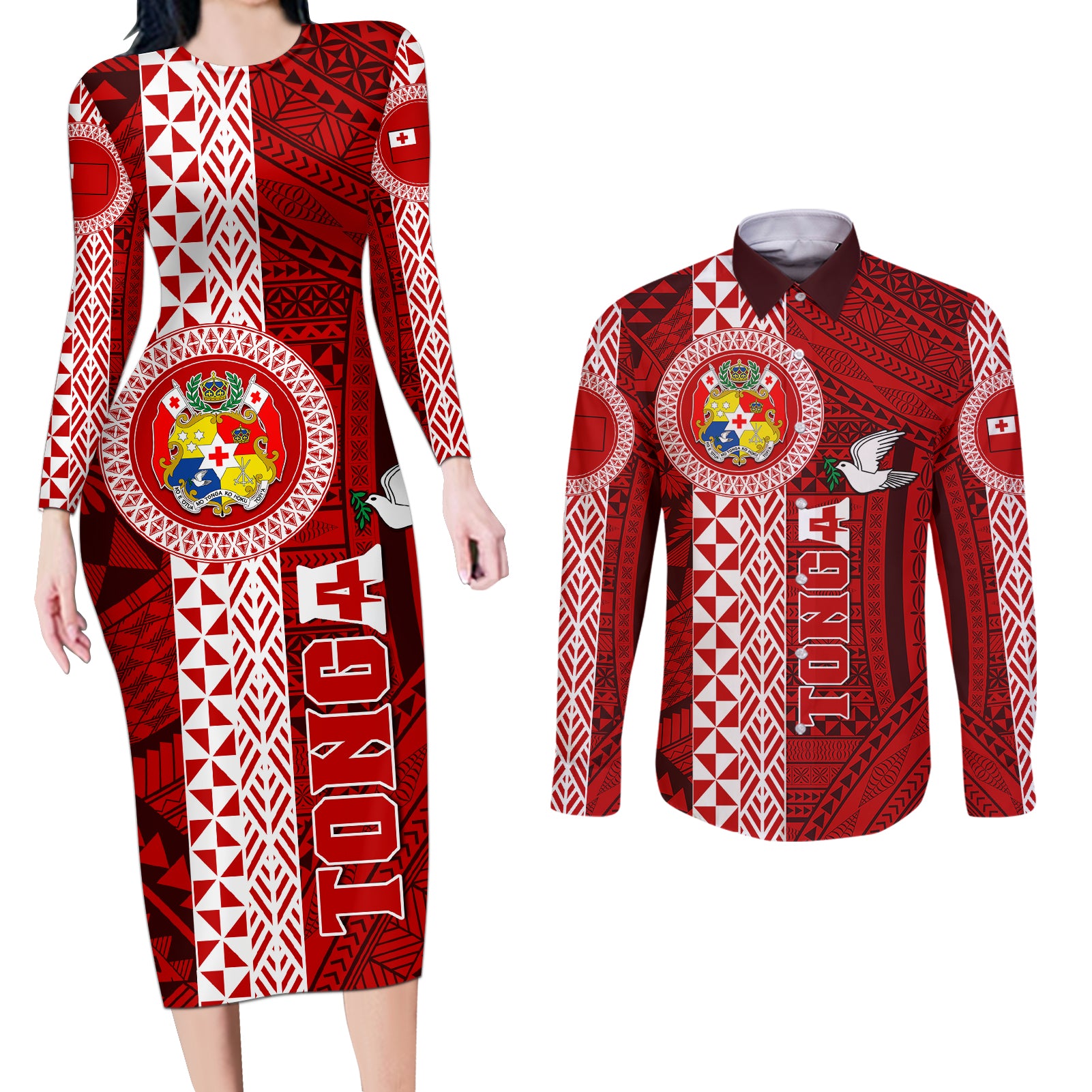 Tonga Rugby Couples Matching Long Sleeve Bodycon Dress and Long Sleeve Button Shirts World Cup 2023 Coat Of Arms Ngatu Pattern LT05 Red - Polynesian Pride