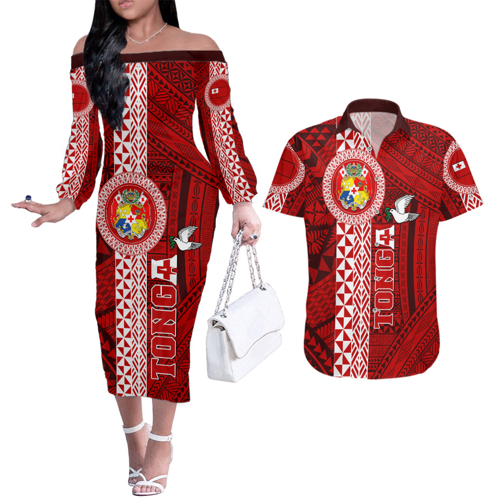 Tonga Rugby Couples Matching Off The Shoulder Long Sleeve Dress and Hawaiian Shirt World Cup 2023 Coat Of Arms Ngatu Pattern LT05 Red - Polynesian Pride