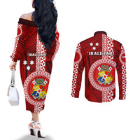 Tonga Rugby Couples Matching Off The Shoulder Long Sleeve Dress and Long Sleeve Button Shirts World Cup 2023 Coat Of Arms Ngatu Pattern LT05 - Polynesian Pride