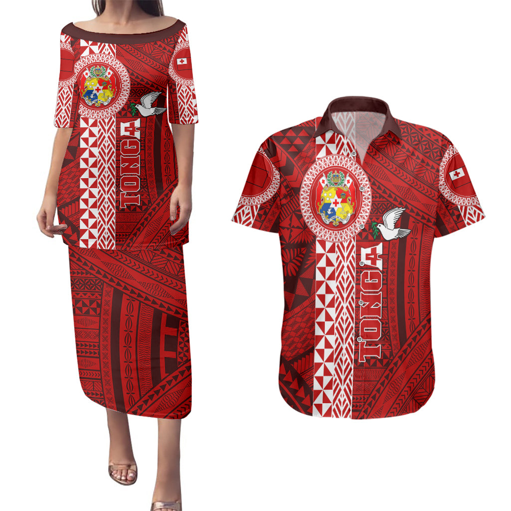 Tonga Rugby Couples Matching Puletasi Dress and Hawaiian Shirt World Cup 2023 Coat Of Arms Ngatu Pattern LT05 Red - Polynesian Pride