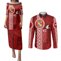 Tonga Rugby Couples Matching Puletasi Dress and Long Sleeve Button Shirts World Cup 2023 Coat Of Arms Ngatu Pattern LT05 Red - Polynesian Pride