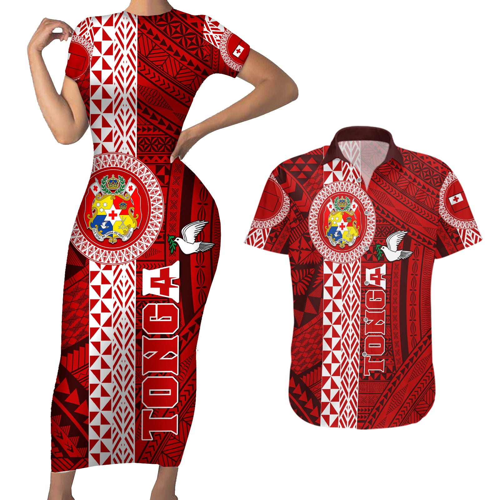 Tonga Rugby Couples Matching Short Sleeve Bodycon Dress and Hawaiian Shirt World Cup 2023 Coat Of Arms Ngatu Pattern LT05 Red - Polynesian Pride