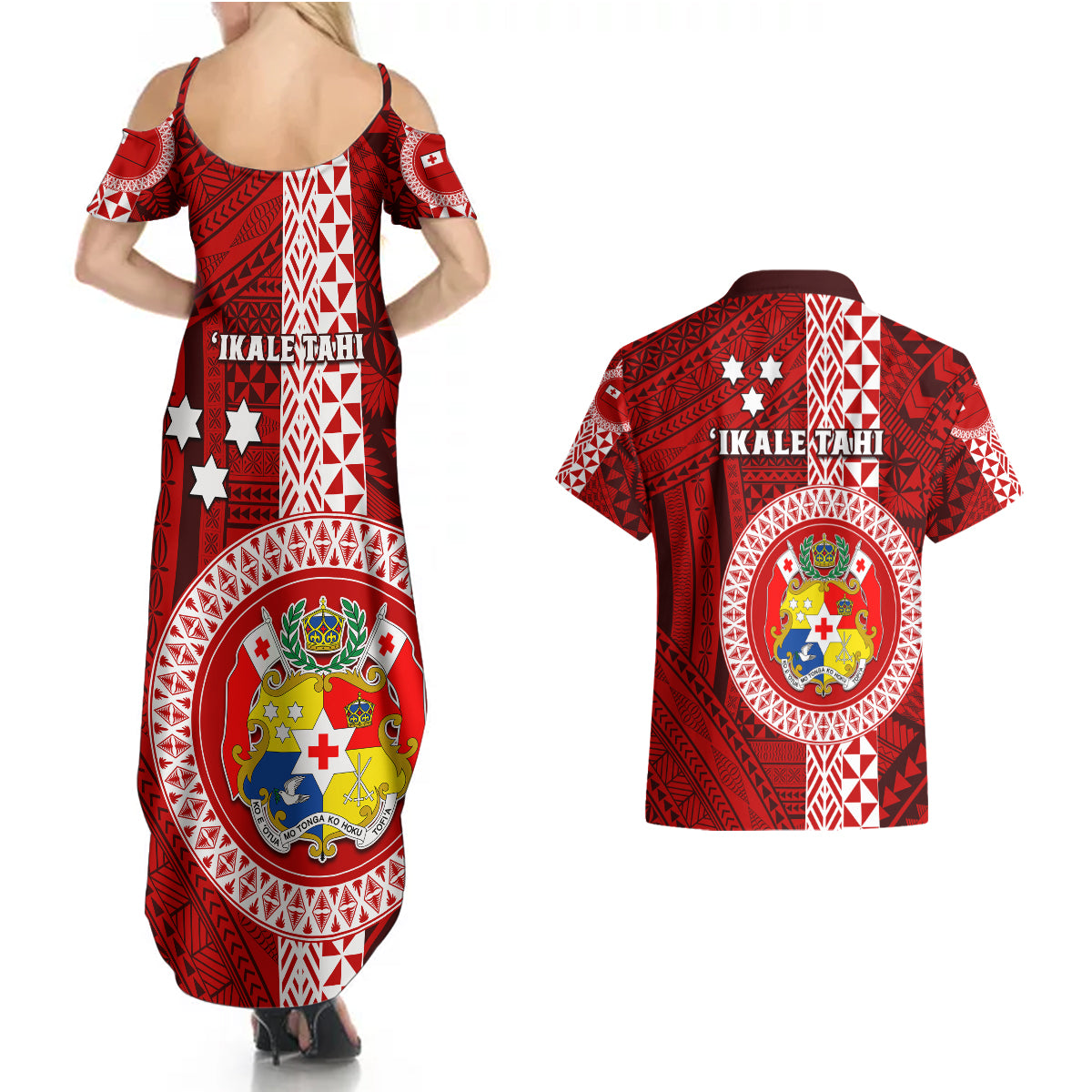 Tonga Rugby Couples Matching Summer Maxi Dress and Hawaiian Shirt World Cup 2023 Coat Of Arms Ngatu Pattern LT05 - Polynesian Pride