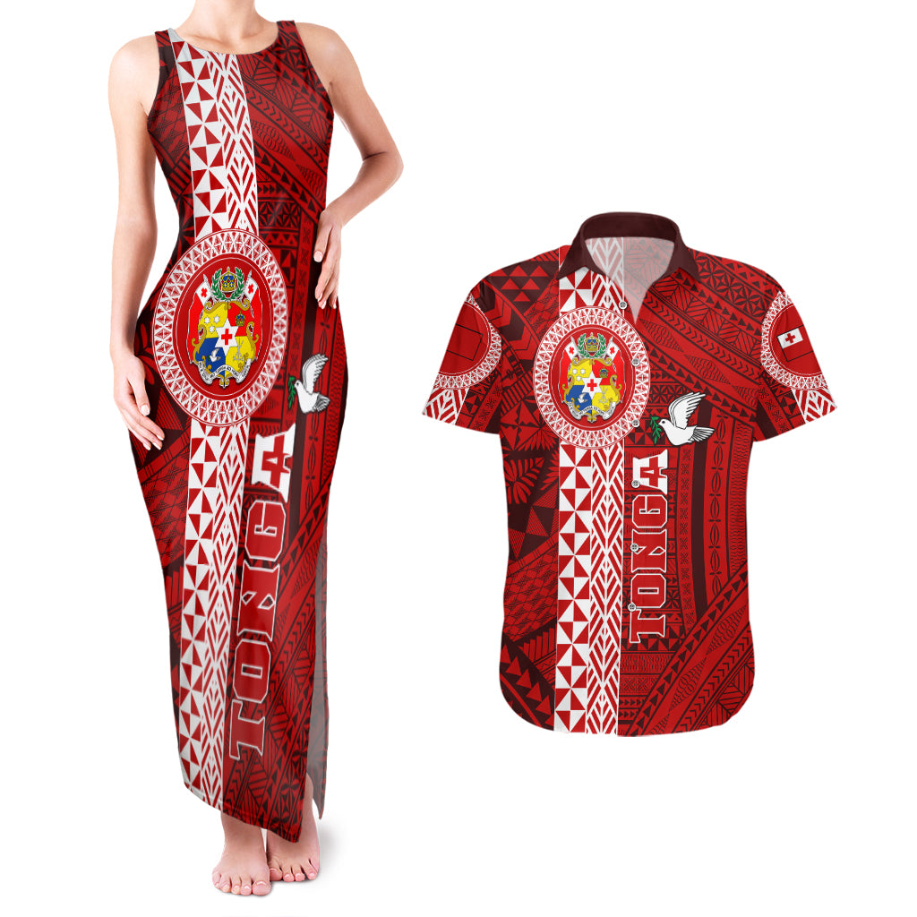 Tonga Rugby Couples Matching Tank Maxi Dress and Hawaiian Shirt World Cup 2023 Coat Of Arms Ngatu Pattern LT05 Red - Polynesian Pride