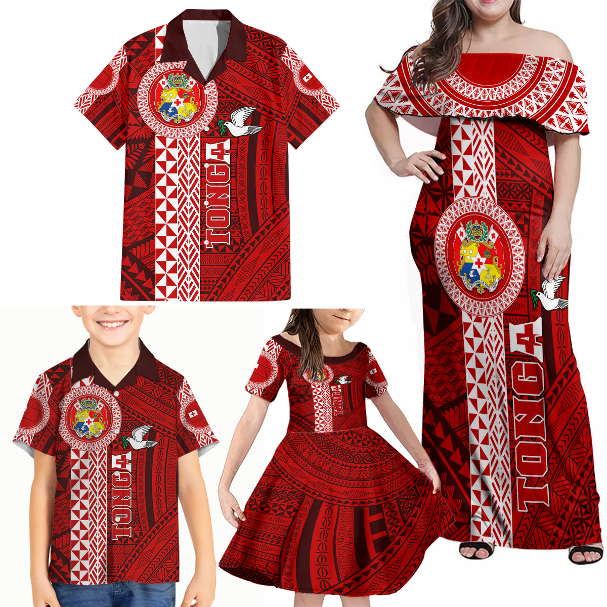 Tonga Rugby Family Matching Off Shoulder Maxi Dress and Hawaiian Shirt World Cup 2023 Coat Of Arms Ngatu Pattern LT05 - Polynesian Pride