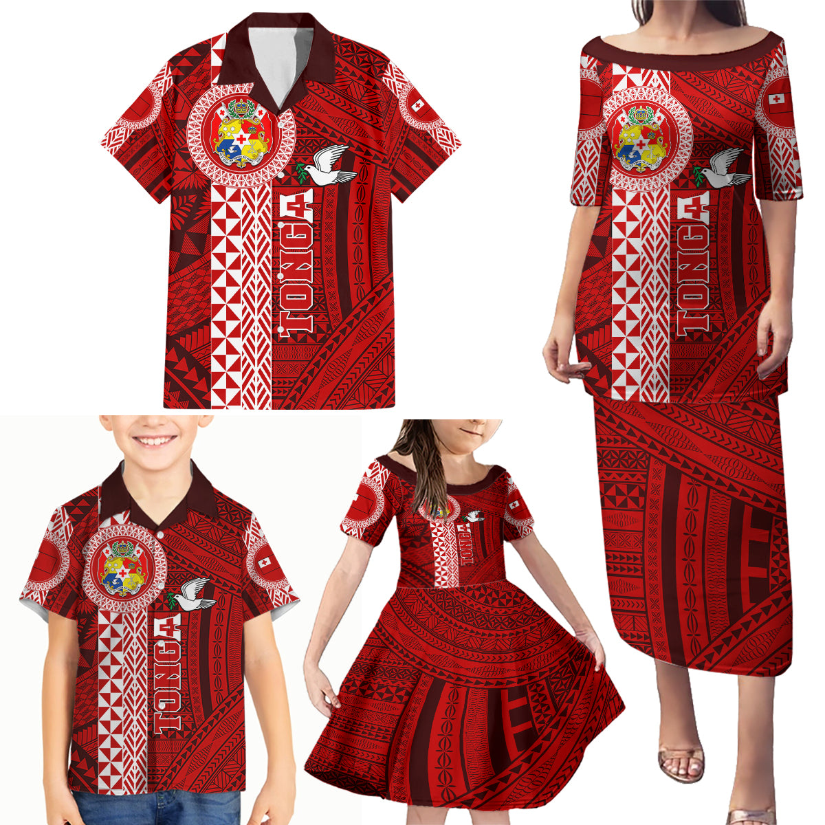 Tonga Rugby Family Matching Puletasi Dress and Hawaiian Shirt World Cup 2023 Coat Of Arms Ngatu Pattern LT05 - Polynesian Pride