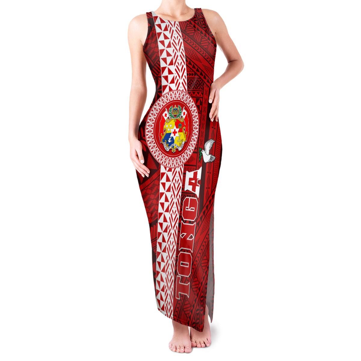 Tonga Rugby Family Matching Tank Maxi Dress and Hawaiian Shirt World Cup 2023 Coat Of Arms Ngatu Pattern LT05 Mom's Dress Red - Polynesian Pride