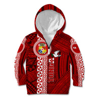 Tonga Rugby Kid Hoodie World Cup 2023 Coat Of Arms Ngatu Pattern LT05 Zip Hoodie Red - Polynesian Pride