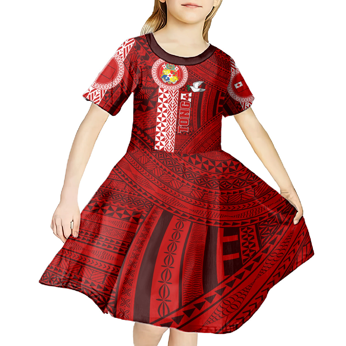 Tonga Rugby Kid Short Sleeve Dress World Cup 2023 Coat Of Arms Ngatu Pattern LT05 - Polynesian Pride