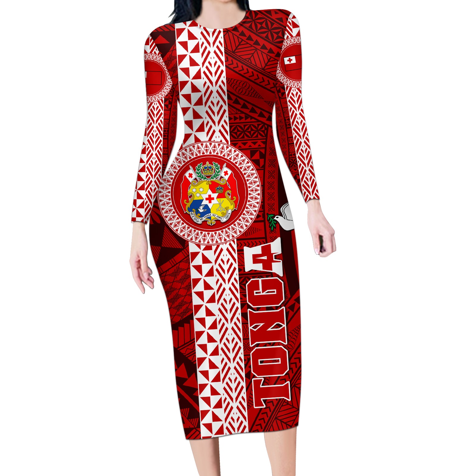 Tonga Rugby Long Sleeve Bodycon Dress World Cup 2023 Coat Of Arms Ngatu Pattern LT05 Long Dress Red - Polynesian Pride